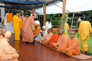 YSS swamis welcome sadhus during bhandara, Ranchi.