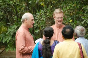 Swamis Premeshwarananda and Govindananda meet devotees.