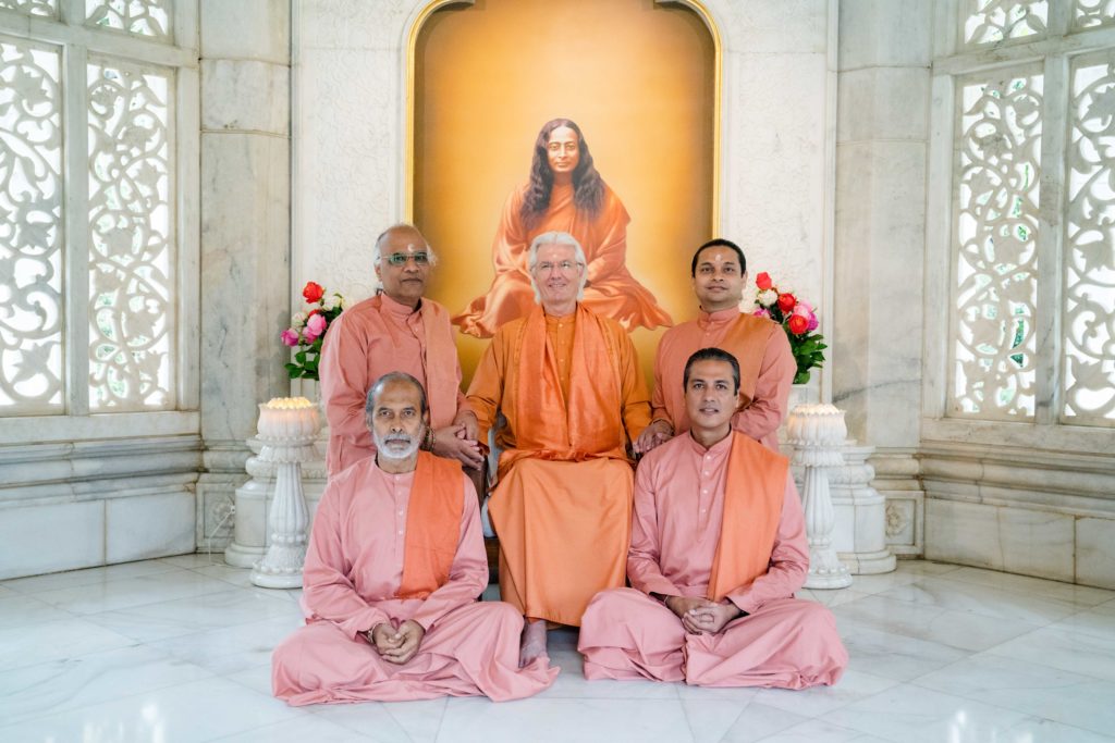 YSS/SRF President Sri Sri Swami Chidananda Giri with new initiates into the Swami Order in the Smriti Mandir at the YSS Ranchi ashram in 2019