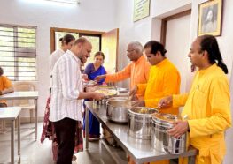 YSS Chennai Ashram Diwali 2024 - Sannyasis serving prasad to devotees