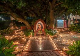 YSS Ranchi Ashram Diwali 2024 - Rangoli and lights in front of Paramahansa Yogananda's Litchi Vedi