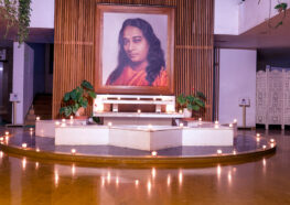 YSS Ranchi Ashram Diwali 2024 - "Sevalaya" building with lighting around Yoganandaji's picture