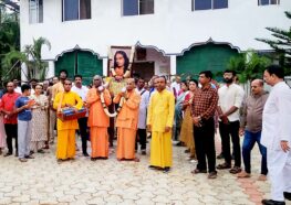 YSS Chennai Ashram Janmotsav 2025 - Monastics holding Paramahansa Yogananda's palki during Prabhat feri